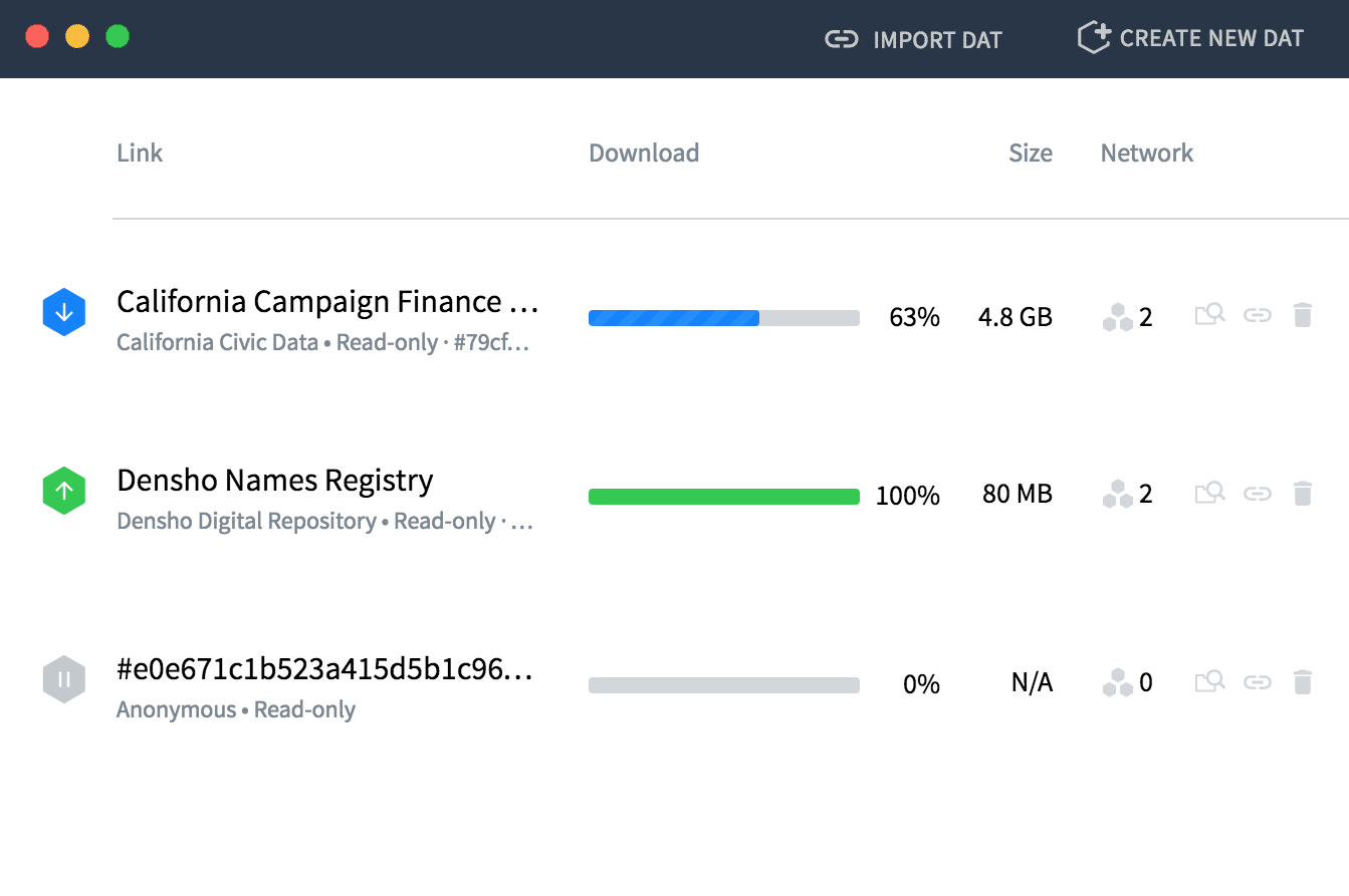 Une capture d'écran de la vue principale de dat-desktop, montrant quelques lignes de données
partagées